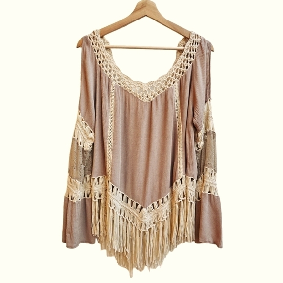 Umgee Tops - Umgee Macrame Fringe Tunic in Nude Tan Light Brown, Size Small (Oversized)